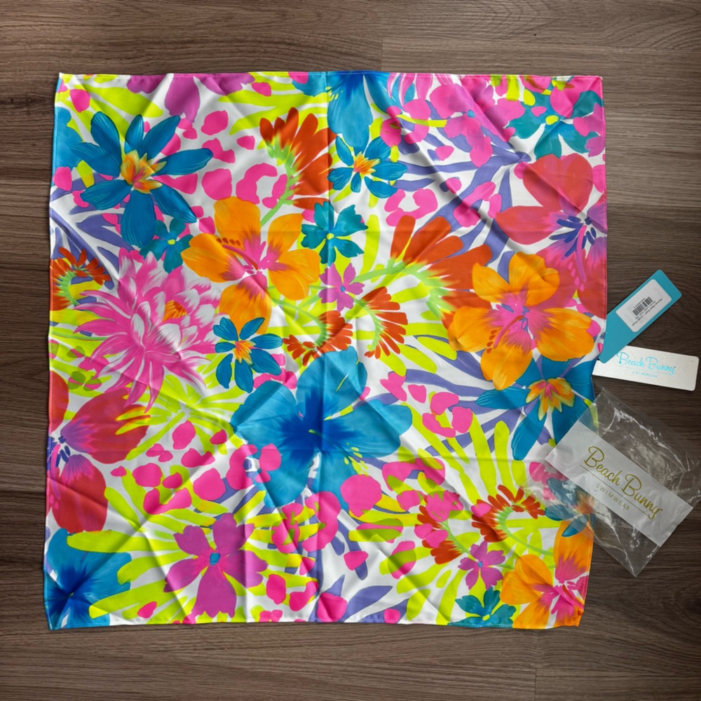 Beach Bunny Tropical Floral Head Scarf Neon Pink Blue Wrap NWT